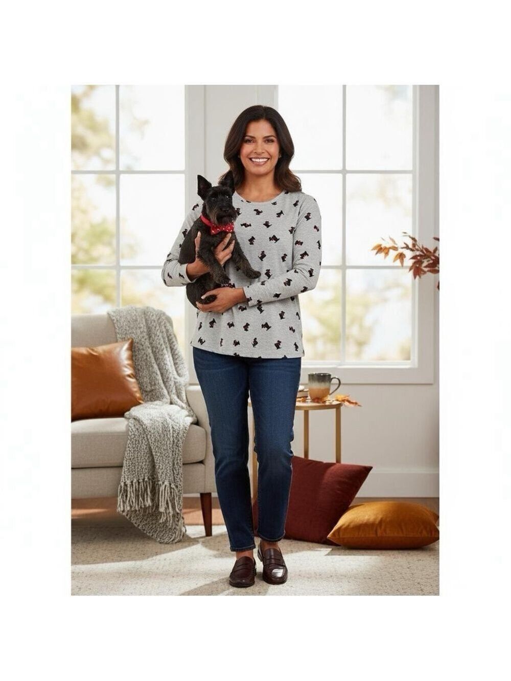 Croft & Barrow Gray Long Sleeve T-Shirt Dog Print Pullover Petite Cotton